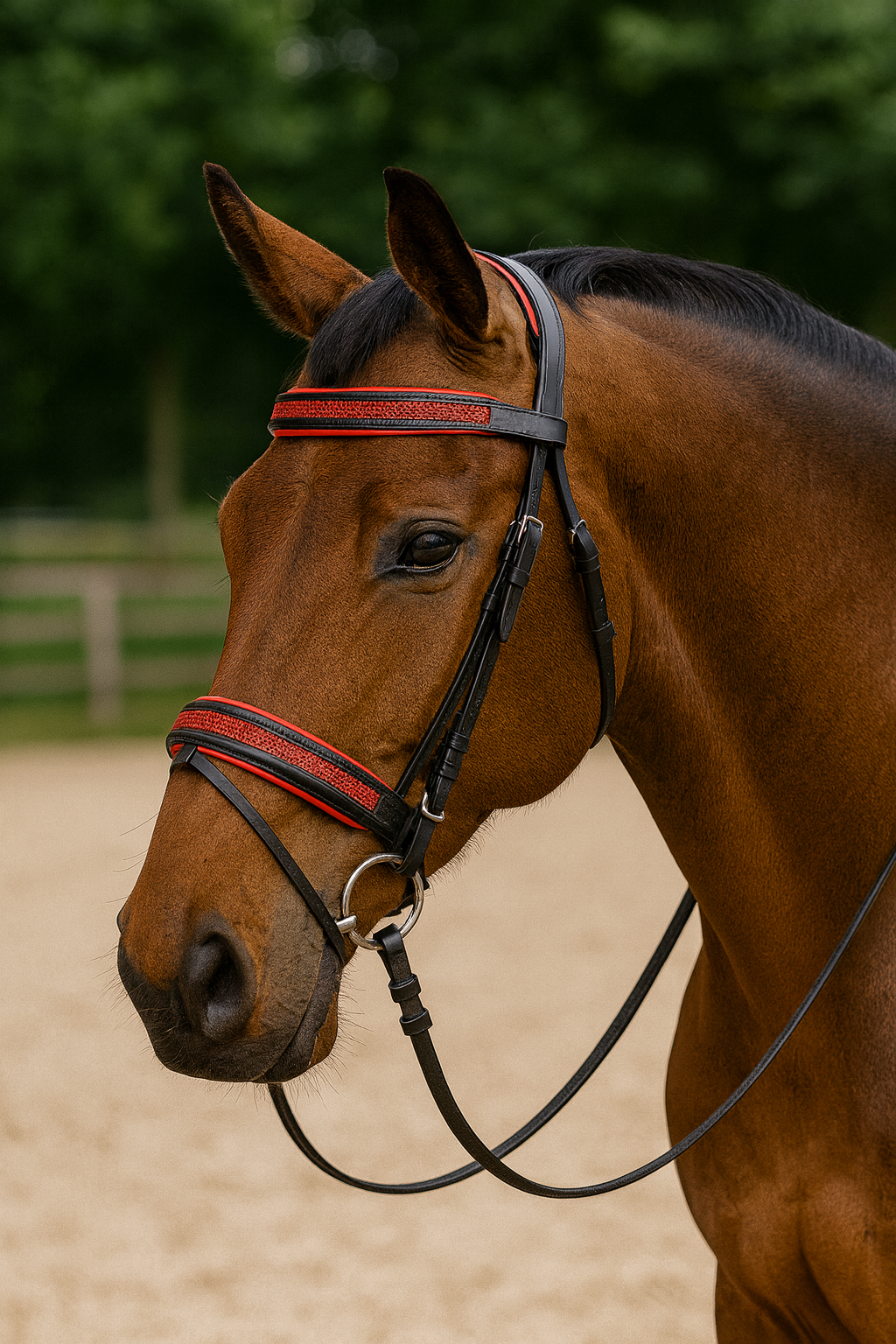 EquiPride Scarlet Crystal Comfort Bridle – Black & Red Padded Brilliance EquiPride Scarlet Crystal Comfort Bridle – Black & Red Padded Brilliance
